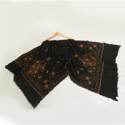 Sanskriti Vintage Black Long Pure Woollen Shawl Handmade Suzani Scarf Stole