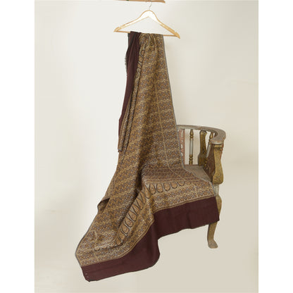 Sanskriti Vintage Long Brown Pure Woollen Woven Shawl Scarf Throw Floral Stole
