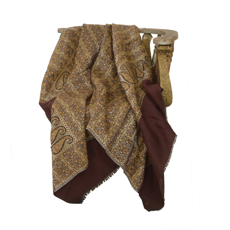 Sanskriti Vintage Long Brown Pure Woollen Woven Shawl Scarf Throw Floral Stole