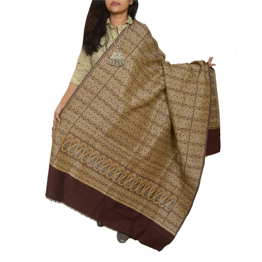 Sanskriti Vintage Long Brown Pure Woollen Woven Shawl Scarf Throw Floral Stole