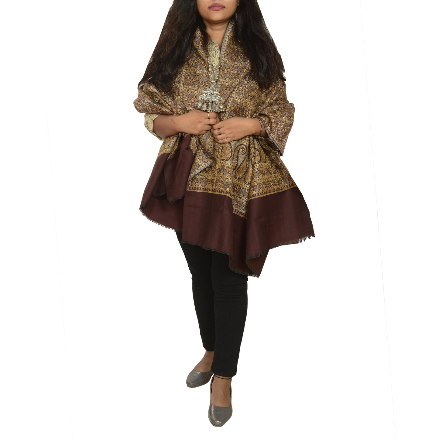 Sanskriti Vintage Long Brown Pure Woollen Woven Shawl Scarf Throw Floral Stole