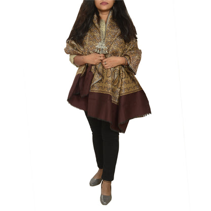 Sanskriti Vintage Long Brown Pure Woollen Woven Shawl Scarf Throw Floral Stole