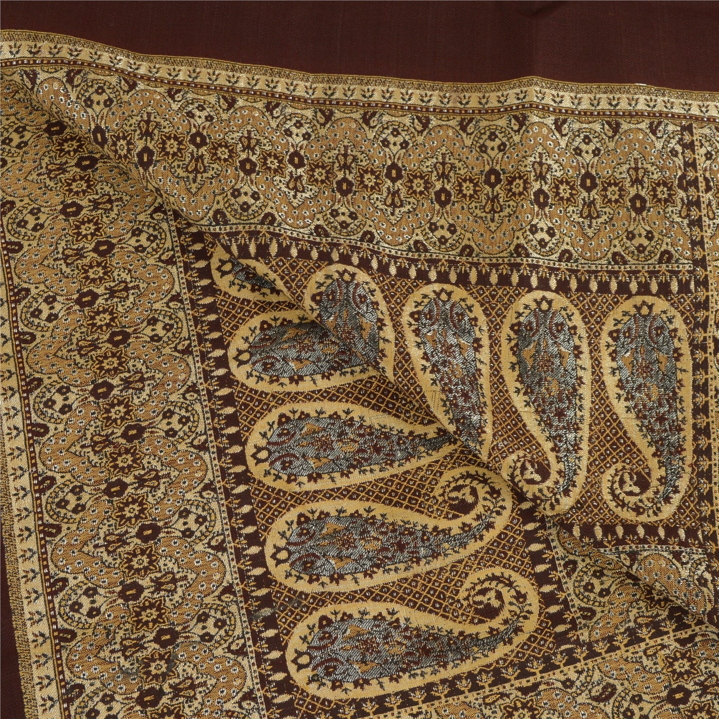 Sanskriti Vintage Long Brown Pure Woollen Woven Shawl Scarf Throw Floral Stole
