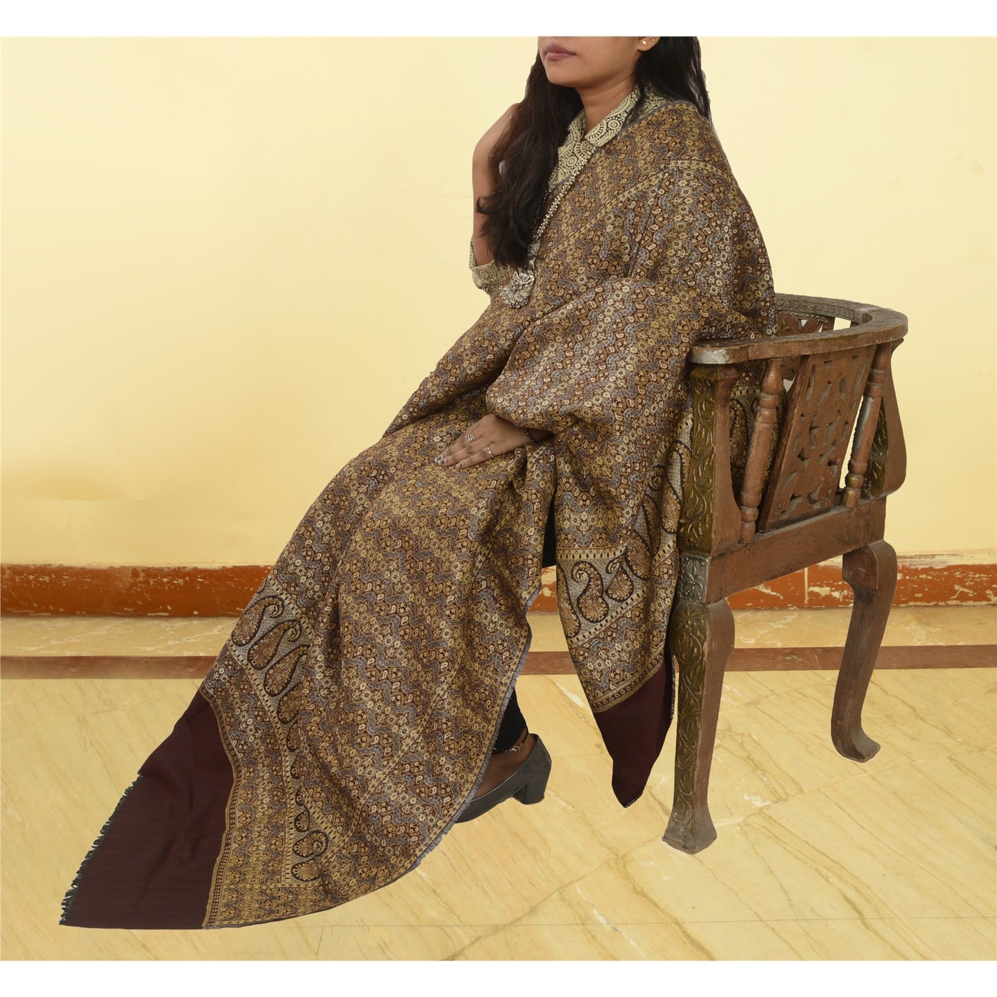 Sanskriti Vintage Long Brown Pure Woollen Woven Shawl Scarf Throw Floral Stole