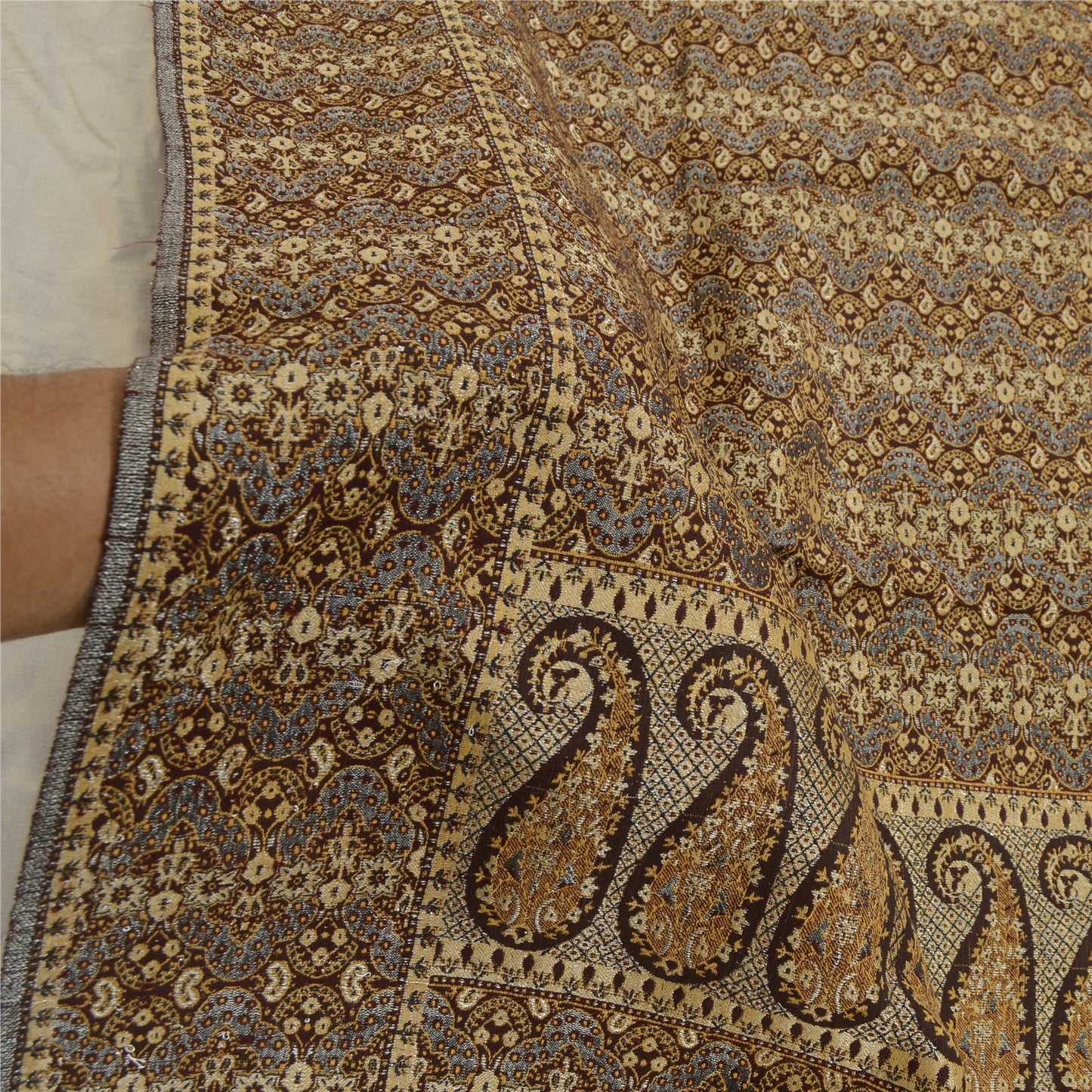 Sanskriti Vintage Long Brown Pure Woollen Woven Shawl Scarf Throw Floral Stole