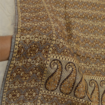 Sanskriti Vintage Long Brown Pure Woollen Woven Shawl Scarf Throw Floral Stole