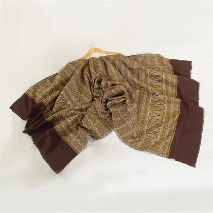 Sanskriti Vintage Long Brown Pure Woollen Woven Shawl Scarf Throw Floral Stole