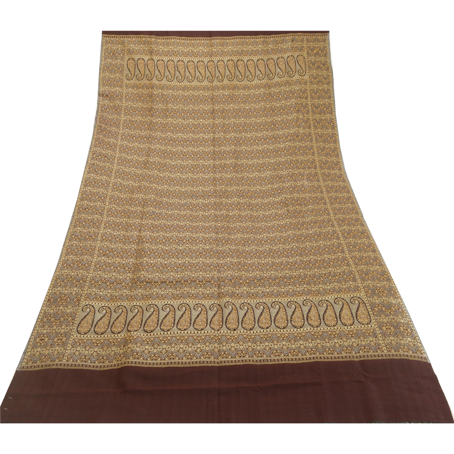 Sanskriti Vintage Long Brown Pure Woollen Woven Shawl Scarf Throw Floral Stole