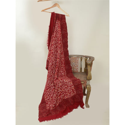 Sanskriti Vintage Long Dark Red Pure Woollen Shawl Handmade Ari Work Scarf Stole