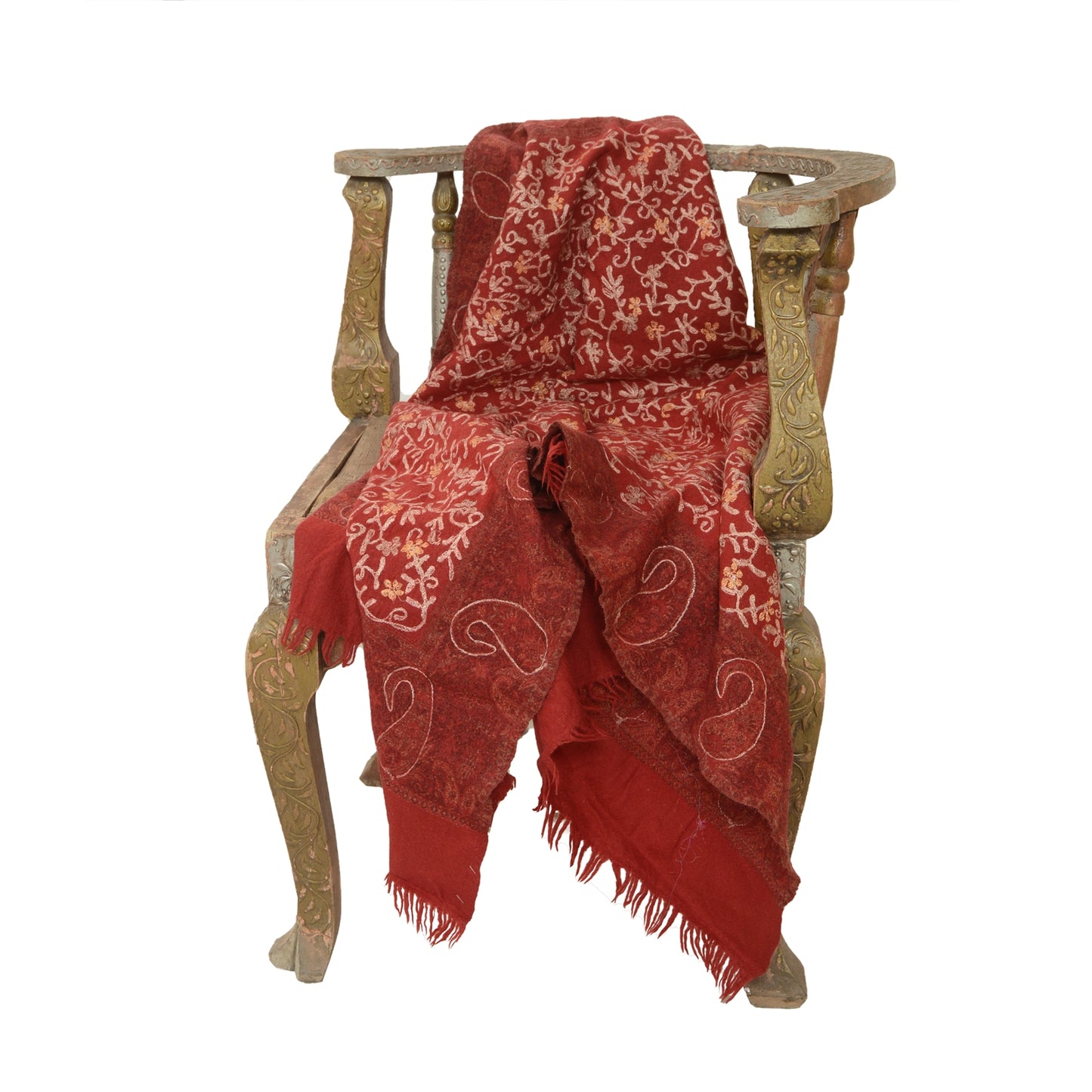 Sanskriti Vintage Long Dark Red Pure Woollen Shawl Handmade Ari Work Scarf Stole