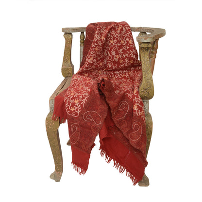 Sanskriti Vintage Long Dark Red Pure Woollen Shawl Handmade Ari Work Scarf Stole