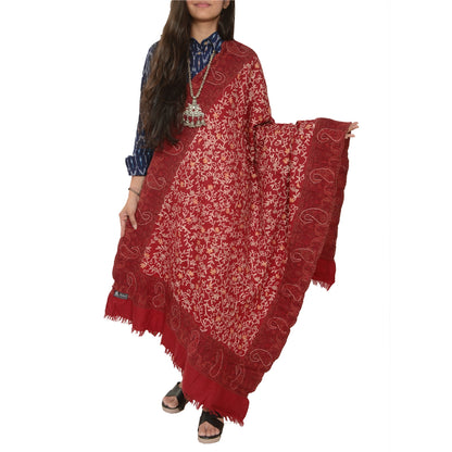 Sanskriti Vintage Long Dark Red Pure Woollen Shawl Handmade Ari Work Scarf Stole