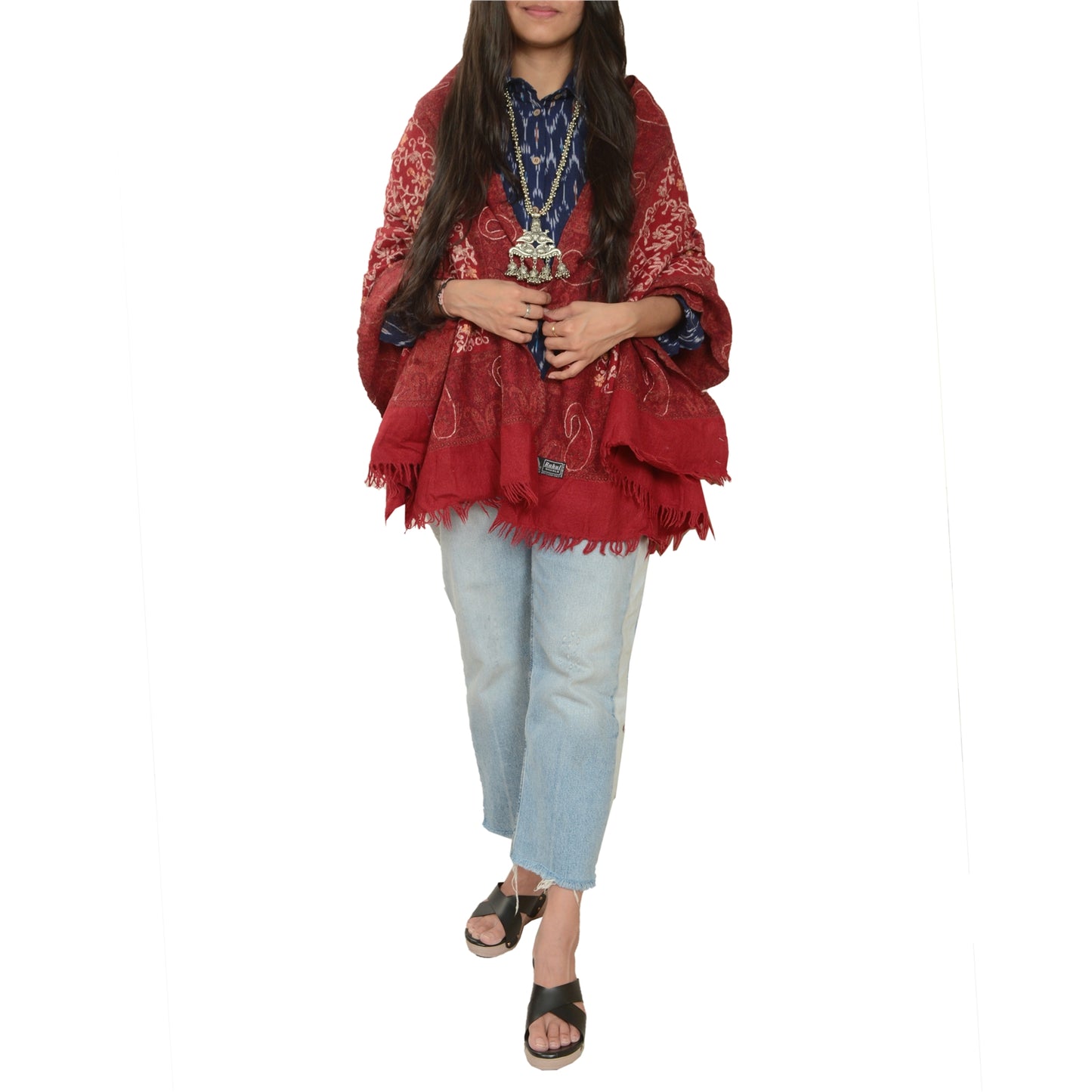 Sanskriti Vintage Long Dark Red Pure Woollen Shawl Handmade Ari Work Scarf Stole