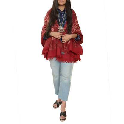 Sanskriti Vintage Long Dark Red Pure Woollen Shawl Handmade Ari Work Scarf Stole