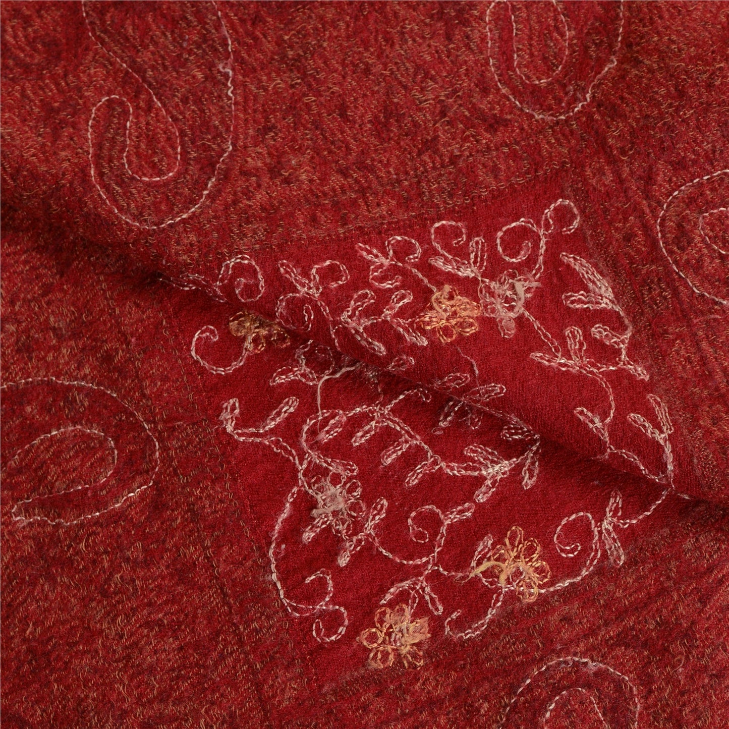 Sanskriti Vintage Long Dark Red Pure Woollen Shawl Handmade Ari Work Scarf Stole