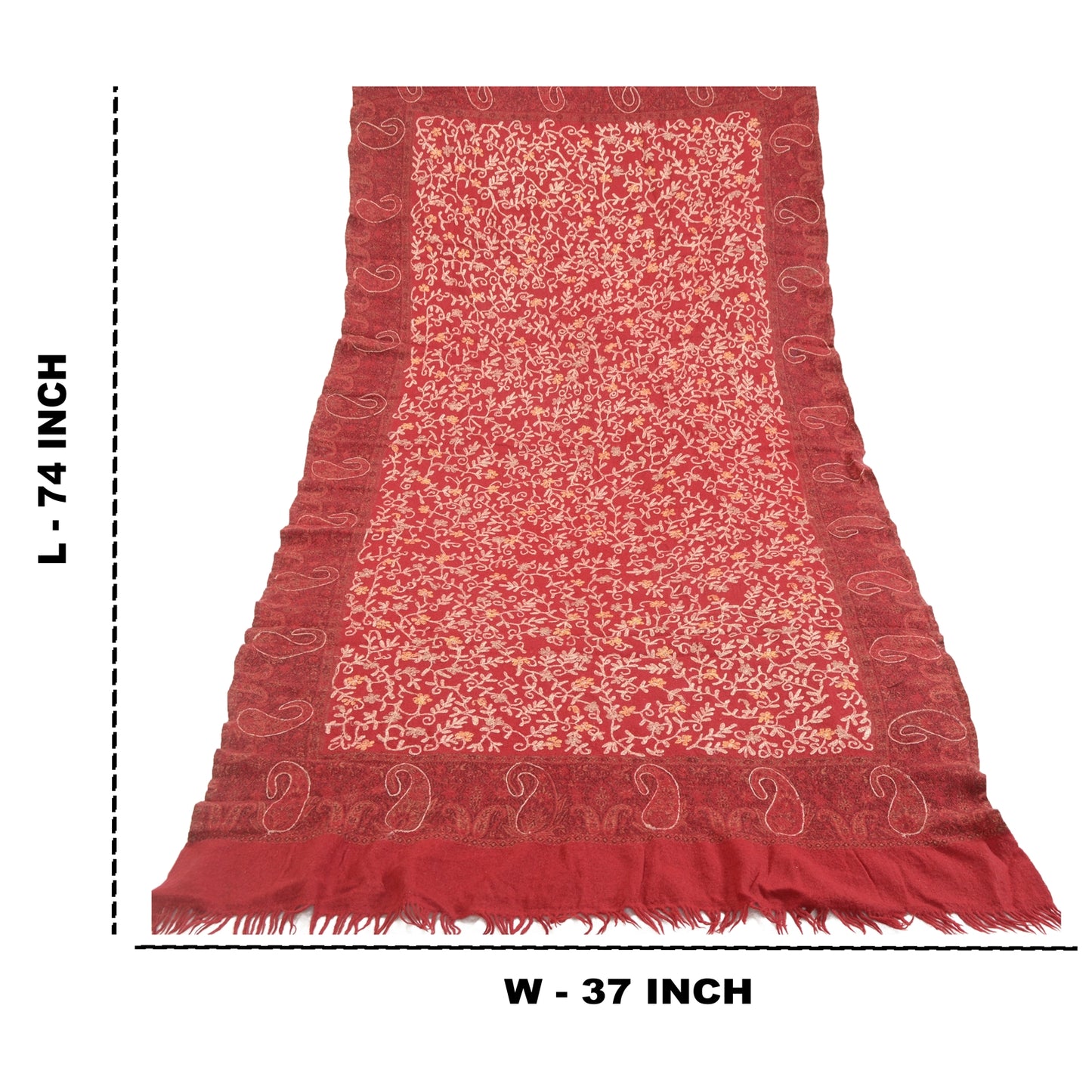 Sanskriti Vintage Long Dark Red Pure Woollen Shawl Handmade Ari Work Scarf Stole