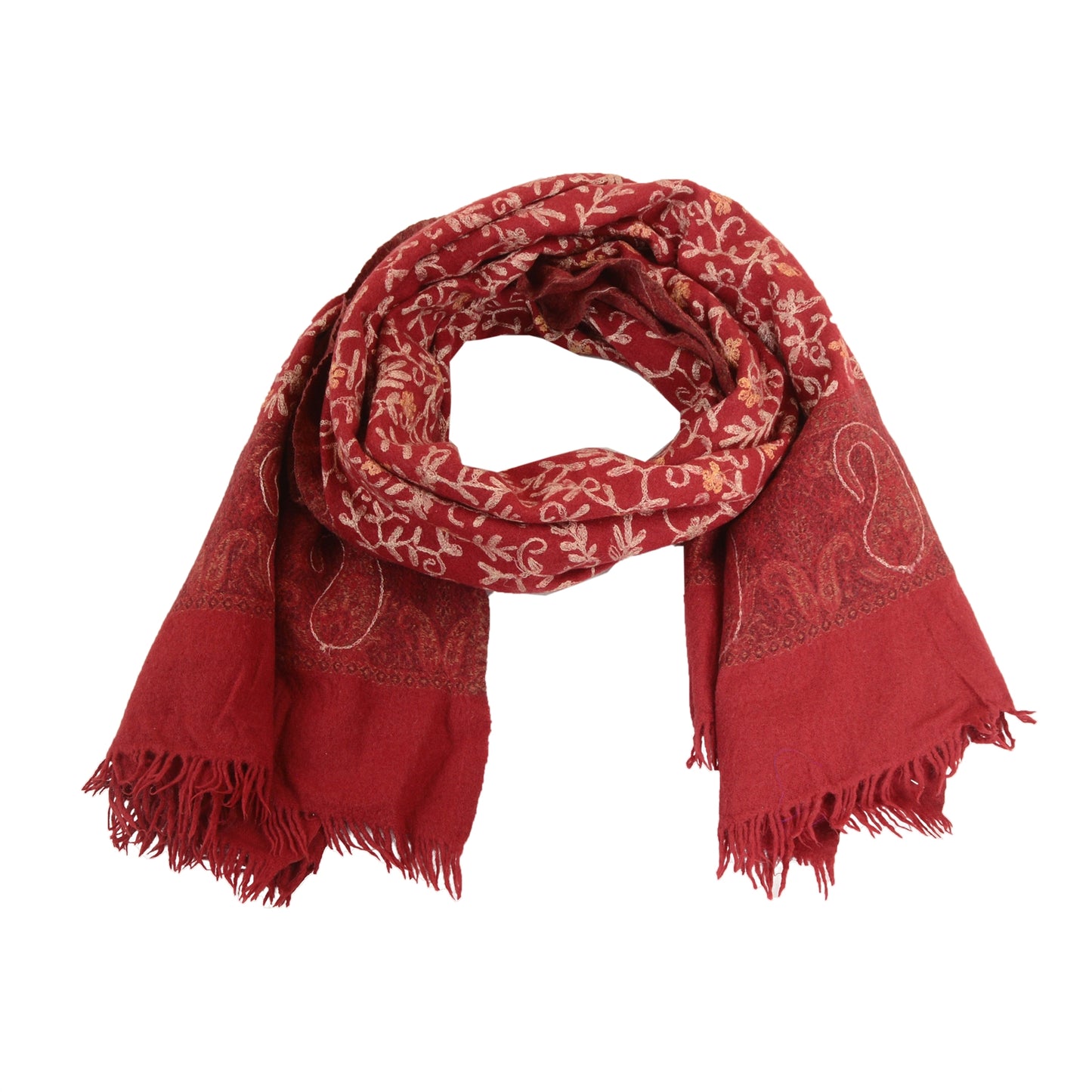 Sanskriti Vintage Long Dark Red Pure Woollen Shawl Handmade Ari Work Scarf Stole