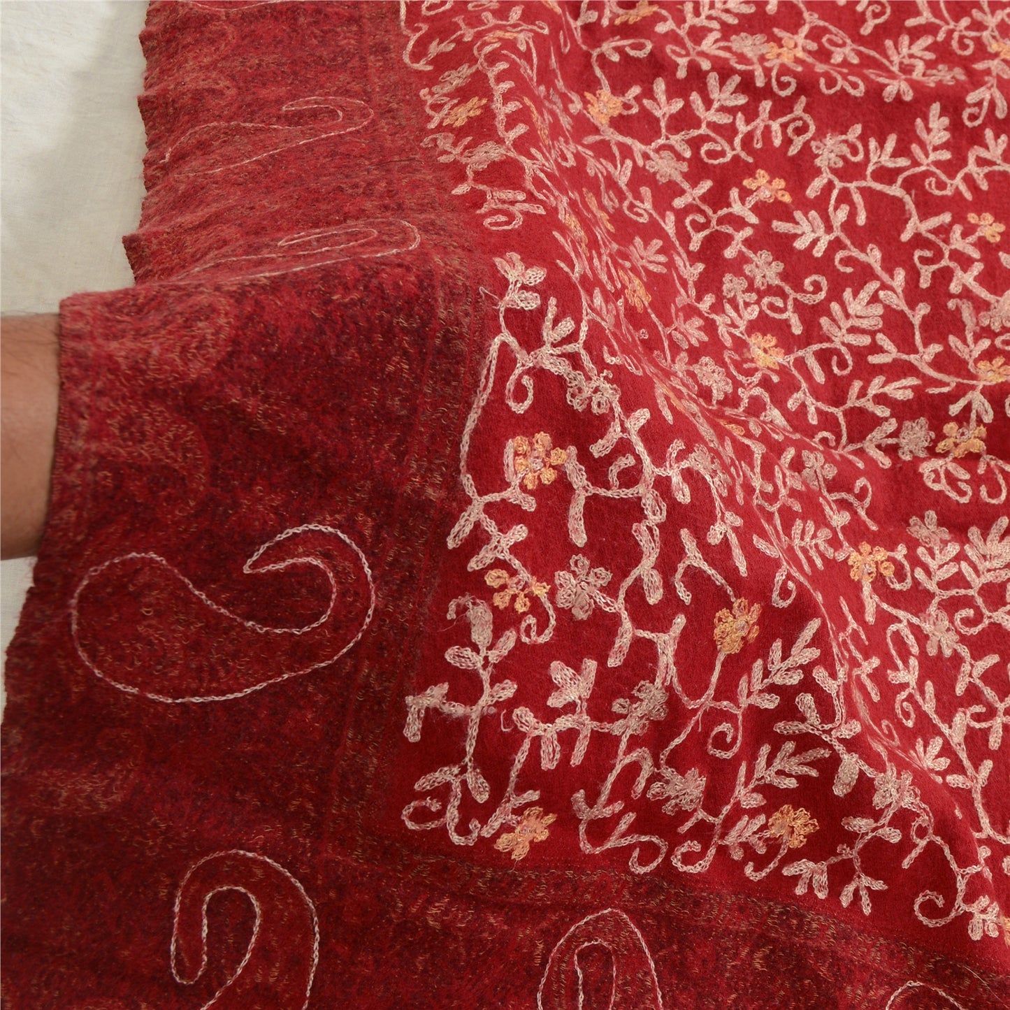 Sanskriti Vintage Long Dark Red Pure Woollen Shawl Handmade Ari Work Scarf Stole