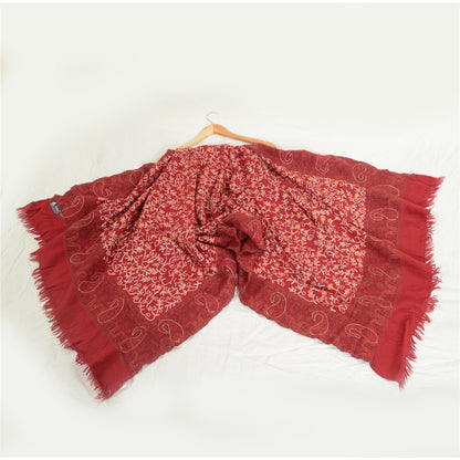 Sanskriti Vintage Long Dark Red Pure Woollen Shawl Handmade Ari Work Scarf Stole