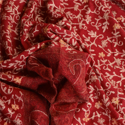 Sanskriti Vintage Long Dark Red Pure Woollen Shawl Handmade Ari Work Scarf Stole