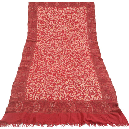 Sanskriti Vintage Long Dark Red Pure Woollen Shawl Handmade Ari Work Scarf Stole