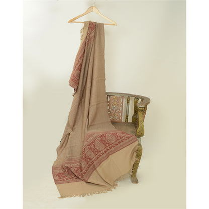 Sanskriti Vintage Long Beige Pure Woollen Woven Shawl Scarf Throw Floral Stole