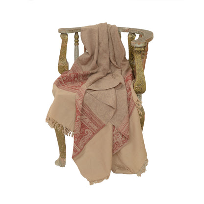 Sanskriti Vintage Long Beige Pure Woollen Woven Shawl Scarf Throw Floral Stole