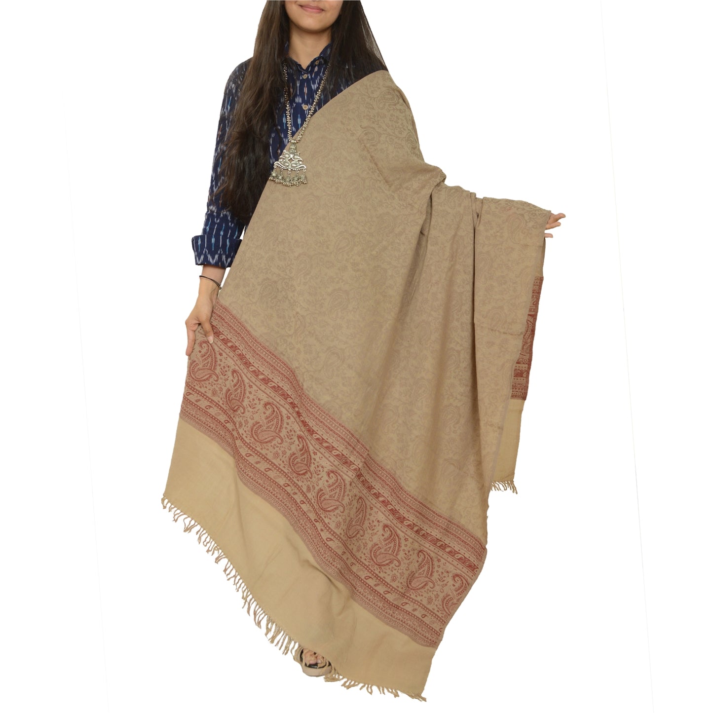 Sanskriti Vintage Long Beige Pure Woollen Woven Shawl Scarf Throw Floral Stole