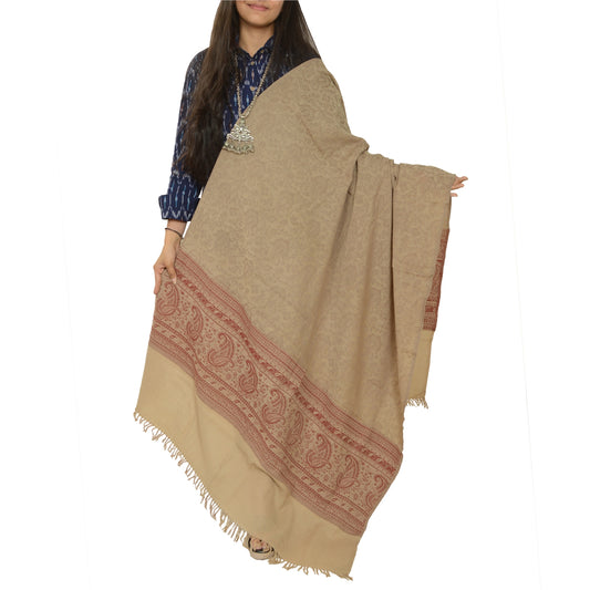 Sanskriti Vintage Long Beige Pure Woollen Woven Shawl Scarf Throw Floral Stole