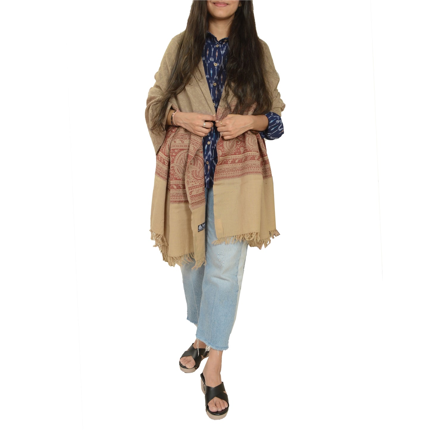 Sanskriti Vintage Long Beige Pure Woollen Woven Shawl Scarf Throw Floral Stole