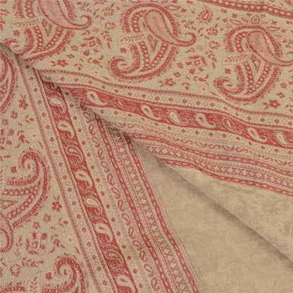 Sanskriti Vintage Long Beige Pure Woollen Woven Shawl Scarf Throw Floral Stole