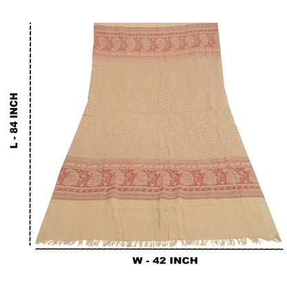 Sanskriti Vintage Long Beige Pure Woollen Woven Shawl Scarf Throw Floral Stole
