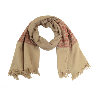 Sanskriti Vintage Long Beige Pure Woollen Woven Shawl Scarf Throw Floral Stole