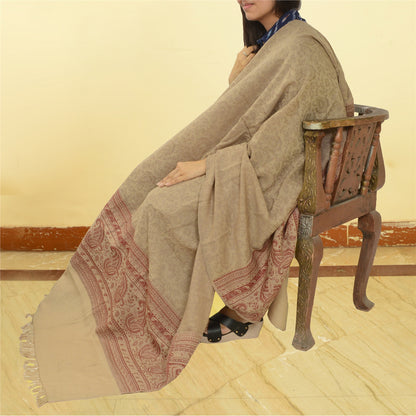 Sanskriti Vintage Long Beige Pure Woollen Woven Shawl Scarf Throw Floral Stole