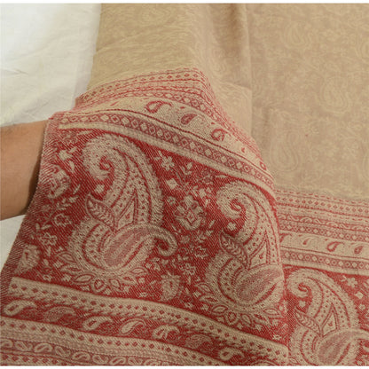 Sanskriti Vintage Long Beige Pure Woollen Woven Shawl Scarf Throw Floral Stole