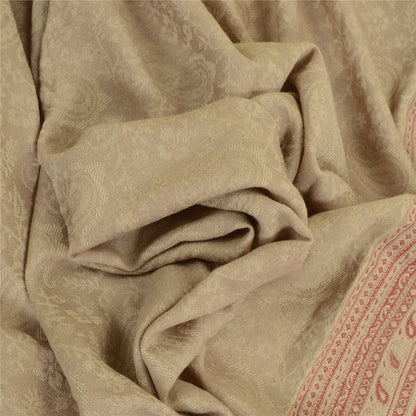 Sanskriti Vintage Long Beige Pure Woollen Woven Shawl Scarf Throw Floral Stole