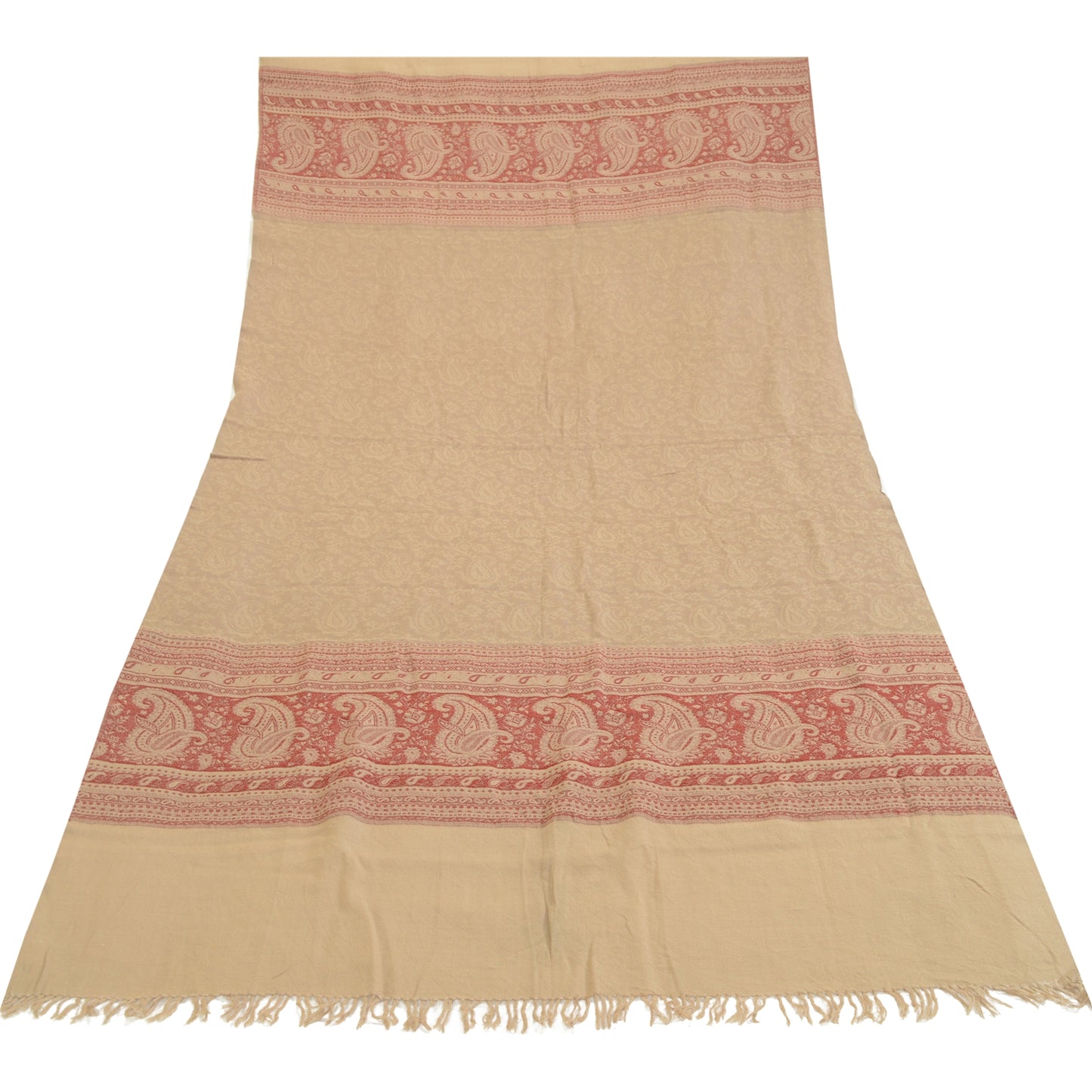 Sanskriti Vintage Long Beige Pure Woollen Woven Shawl Scarf Throw Floral Stole