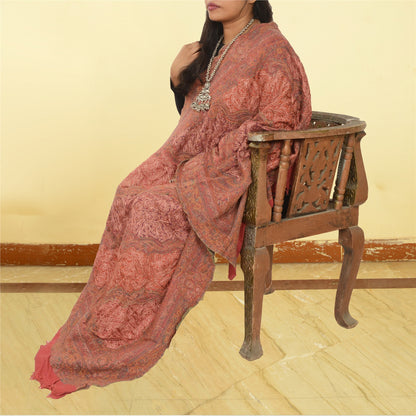 Sanskriti Vintage Pink Long Pure Woollen Shawl Handmade Ari Scarf Throw Stole