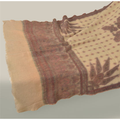 Sanskriti Vintage Long Ivory Pure Woollen Woven Shawl Scarf Throw Floral Stole