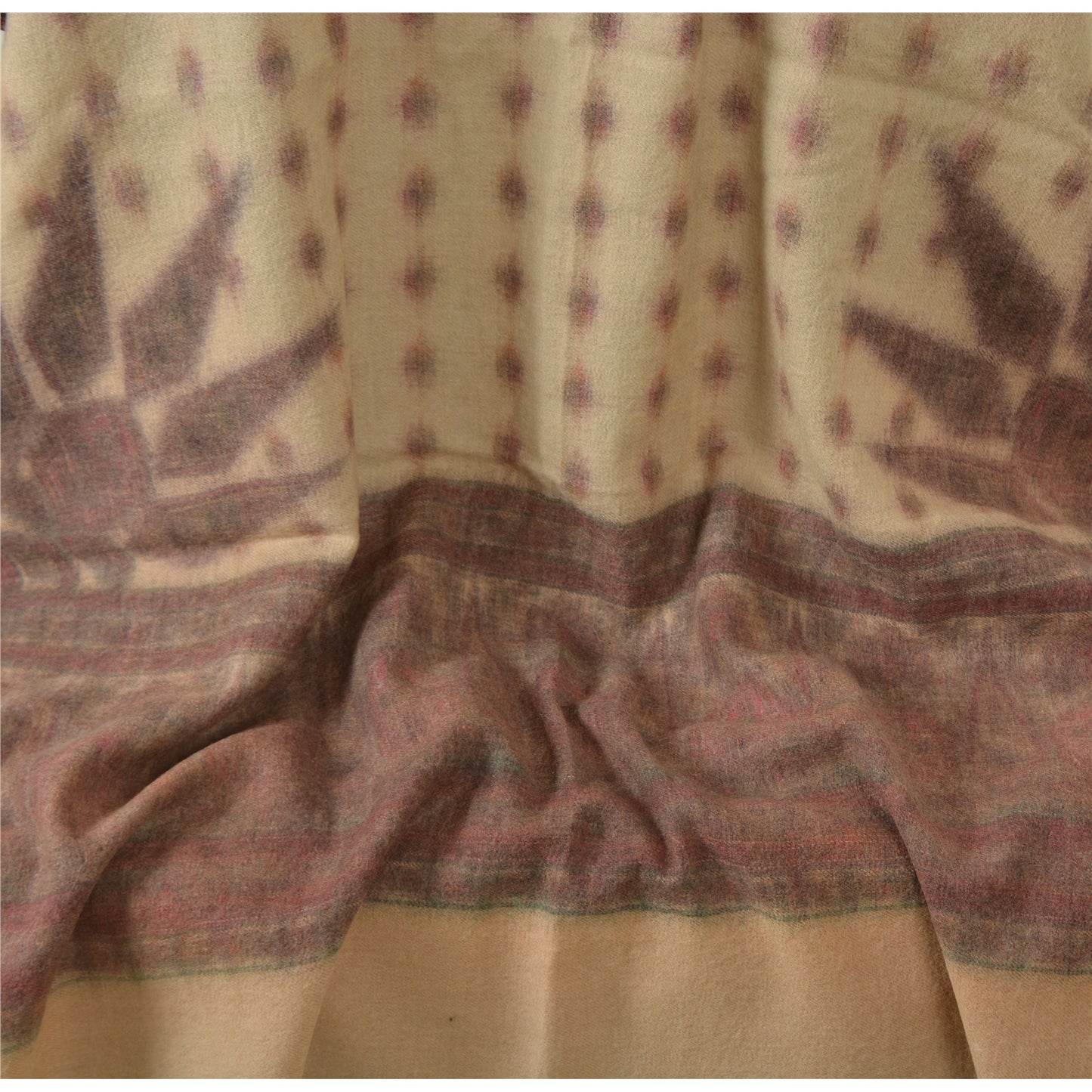 Sanskriti Vintage Long Ivory Pure Woollen Woven Shawl Scarf Throw Floral Stole