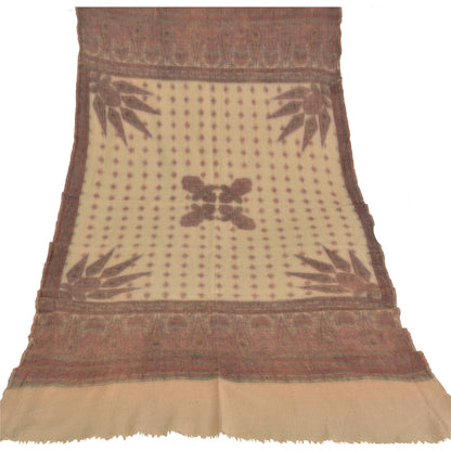 Sanskriti Vintage Long Ivory Pure Woollen Woven Shawl Scarf Throw Floral Stole