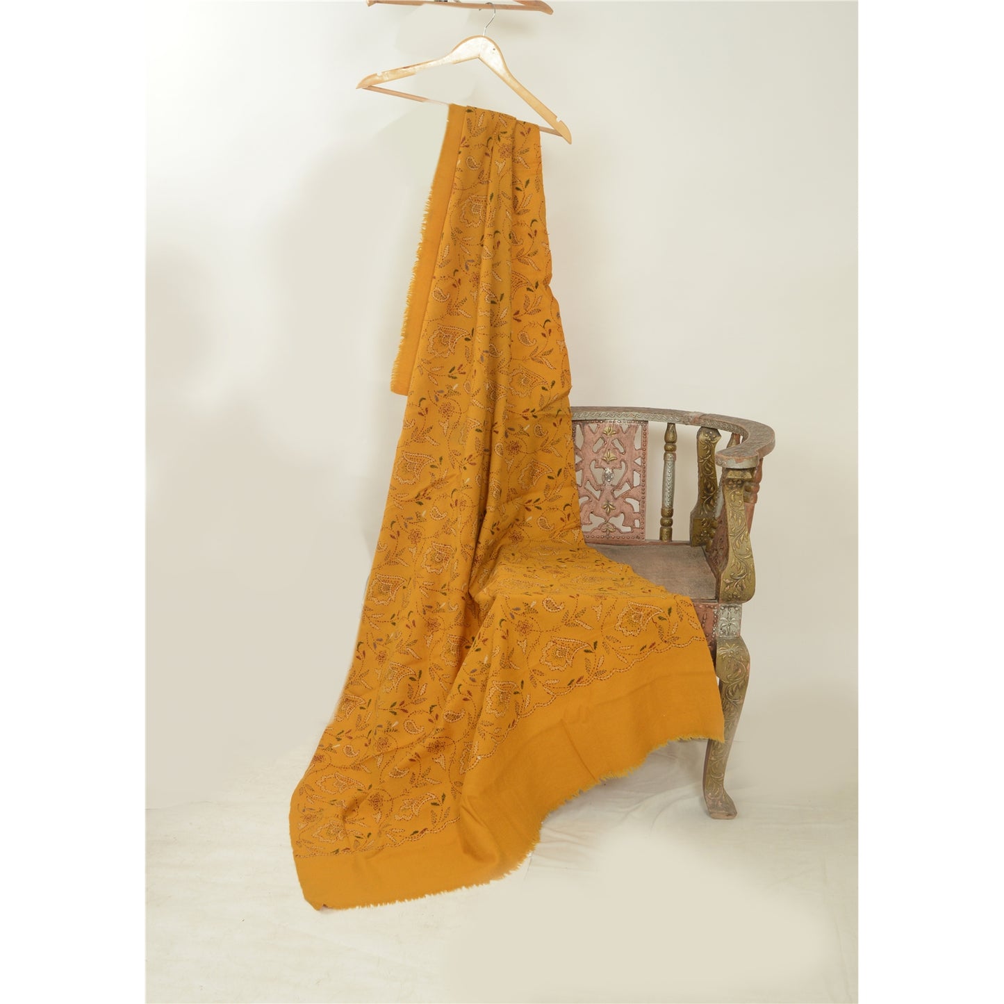 Sanskriti Vintage Saffron Pure Woollen Shawl Handmade Kantha Long Throw Stole