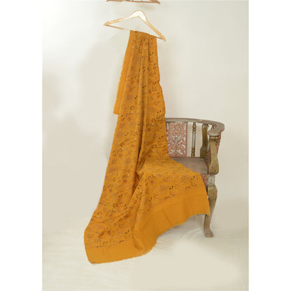 Sanskriti Vintage Saffron Pure Woollen Shawl Handmade Kantha Long Throw Stole