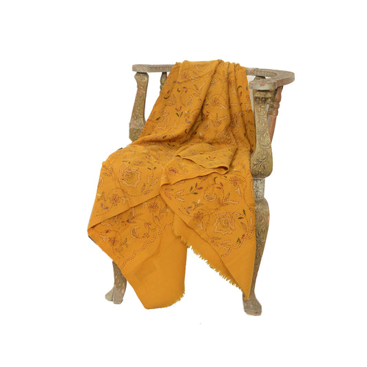 Sanskriti Vintage Saffron Pure Woollen Shawl Handmade Kantha Long Throw Stole