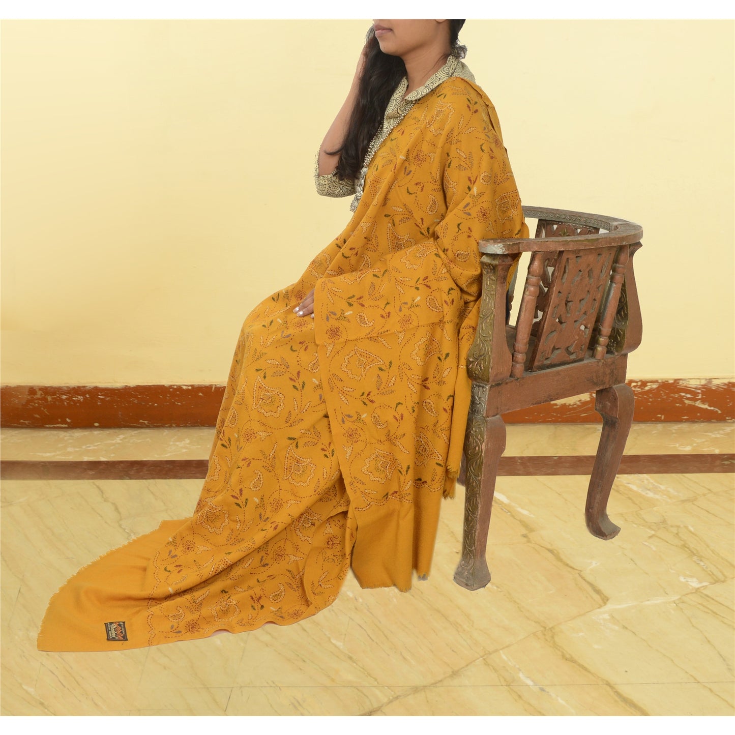 Sanskriti Vintage Saffron Pure Woollen Shawl Handmade Kantha Long Throw Stole