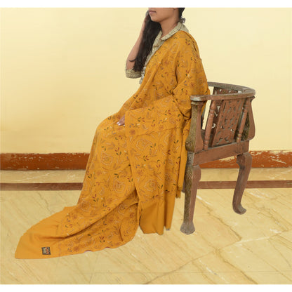 Sanskriti Vintage Saffron Pure Woollen Shawl Handmade Kantha Long Throw Stole