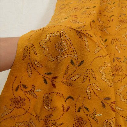Sanskriti Vintage Saffron Pure Woollen Shawl Handmade Kantha Long Throw Stole