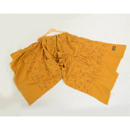 Sanskriti Vintage Saffron Pure Woollen Shawl Handmade Kantha Long Throw Stole