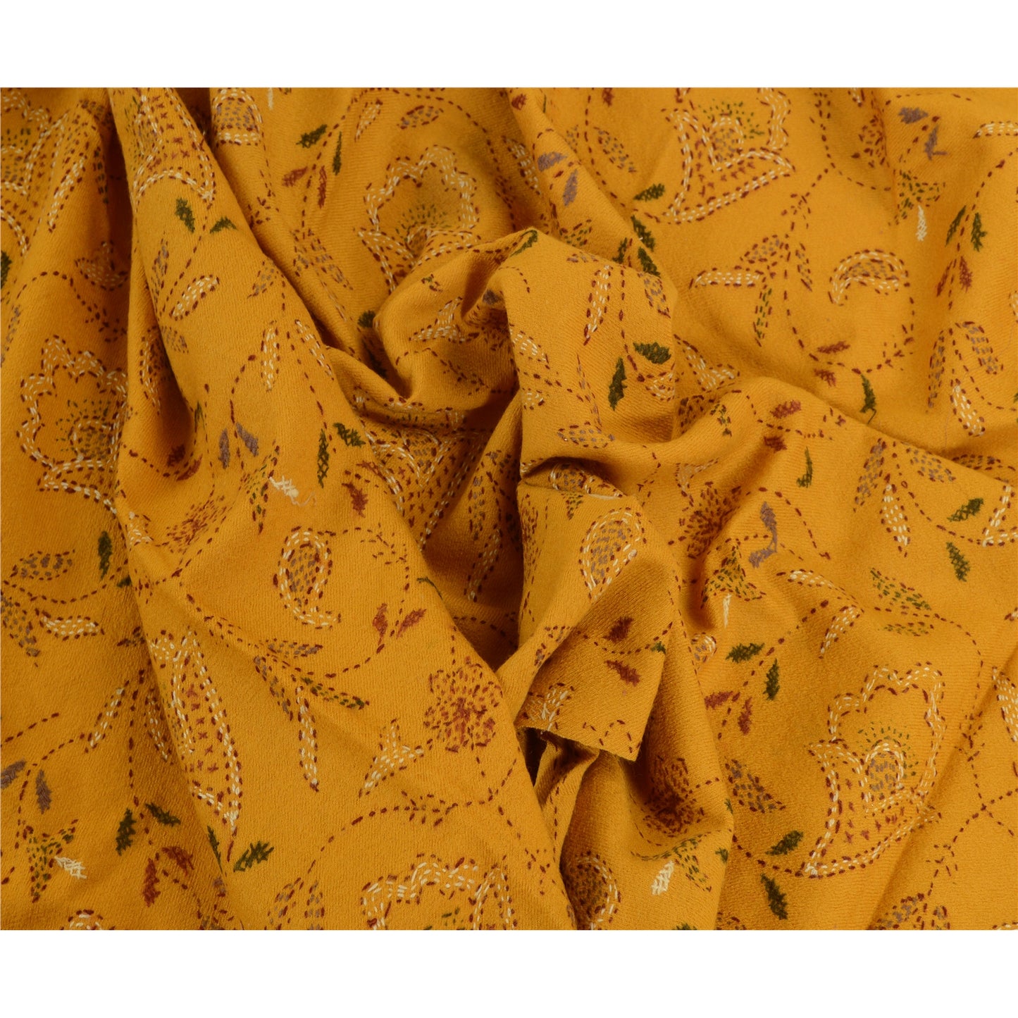 Sanskriti Vintage Saffron Pure Woollen Shawl Handmade Kantha Long Throw Stole