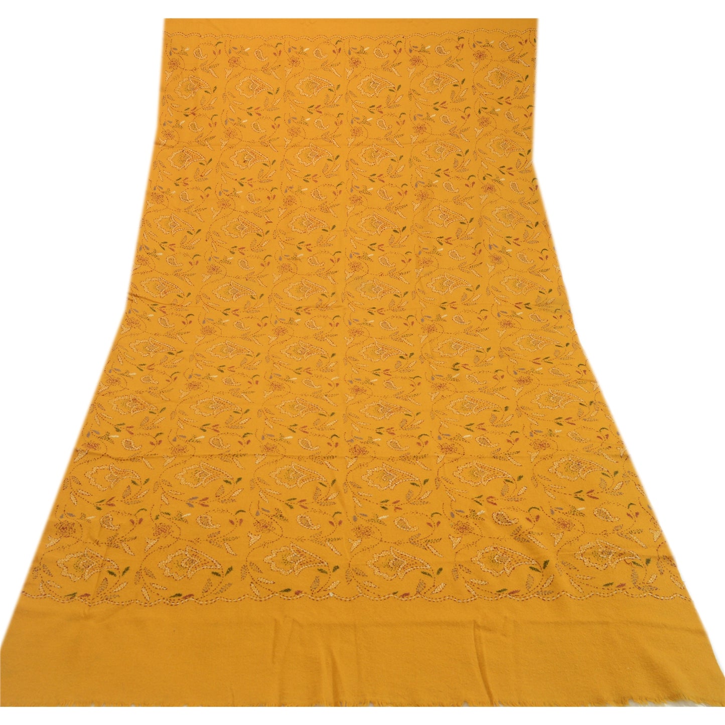 Sanskriti Vintage Saffron Pure Woollen Shawl Handmade Kantha Long Throw Stole